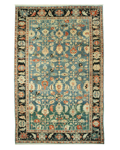 EORC Hand-knotted Wool Blue Traditional Geometric Bergama Rug