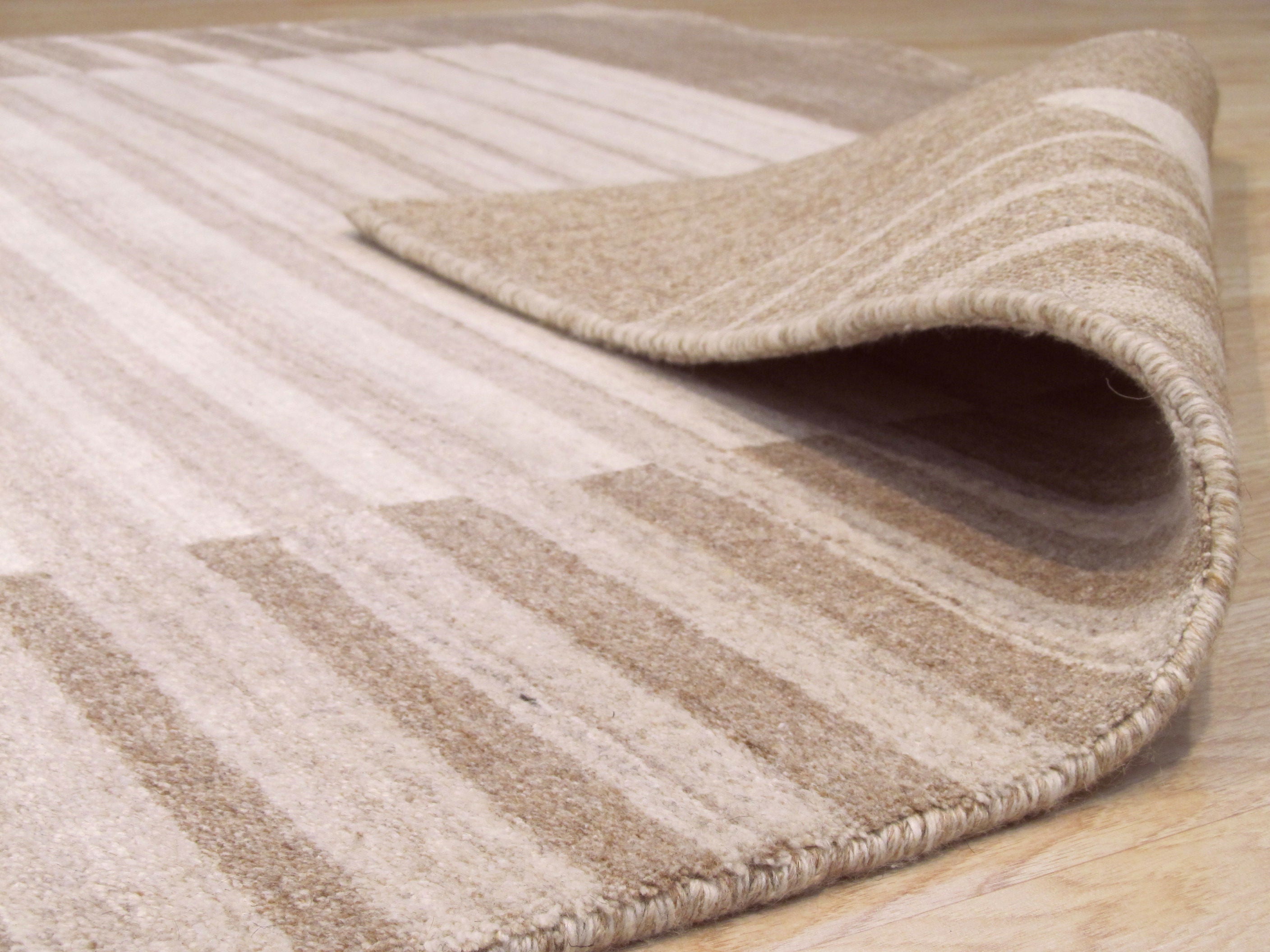 EORC Handmade Wool & Viscose Beige Contemporary Stripe Urban Rug