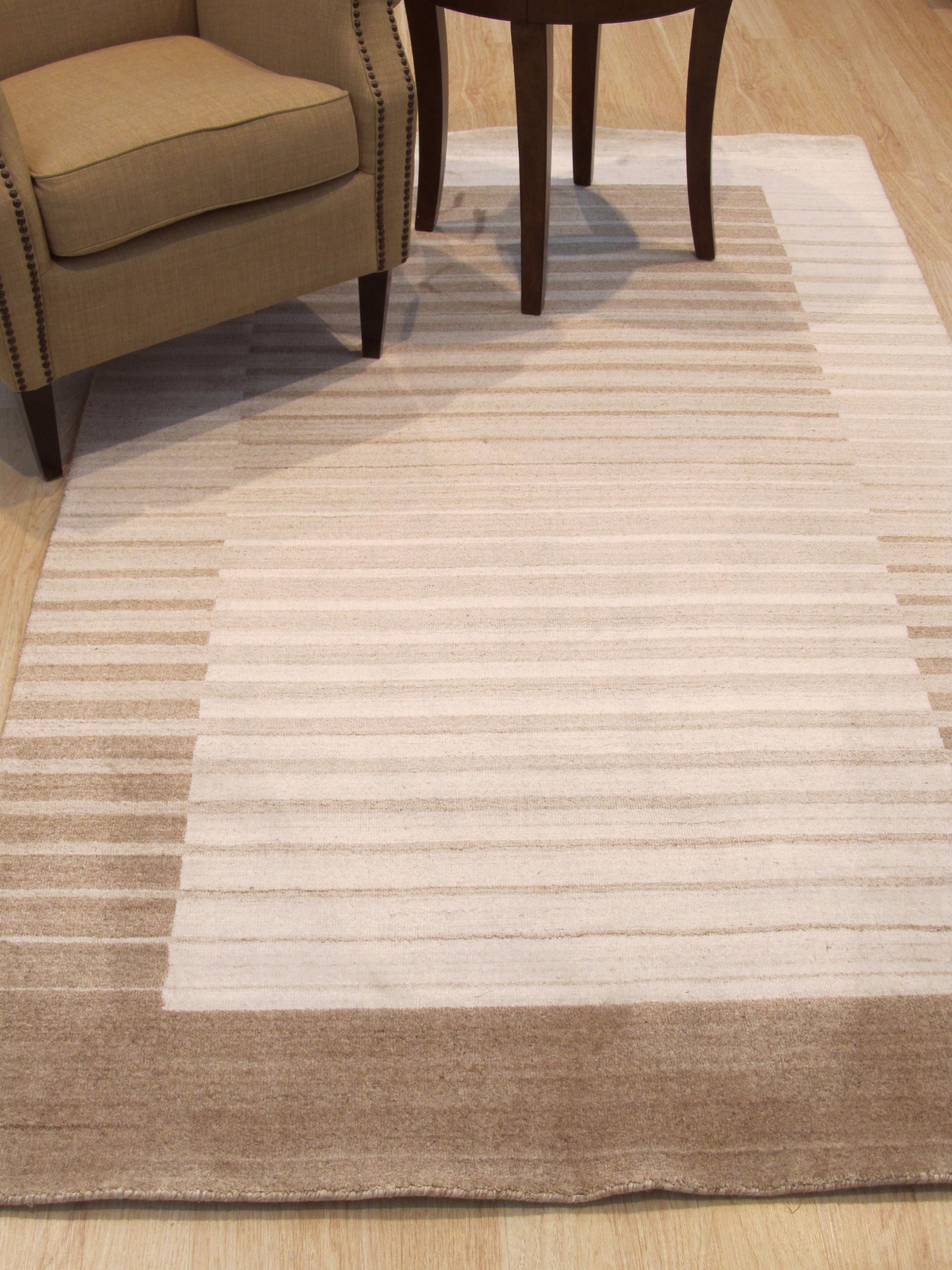 EORC Handmade Wool & Viscose Beige Contemporary Stripe Urban Rug