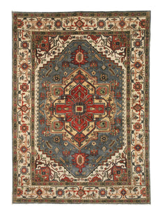 EORC Hand-knotted Wool Blue Traditional Geometric Serapi Rug