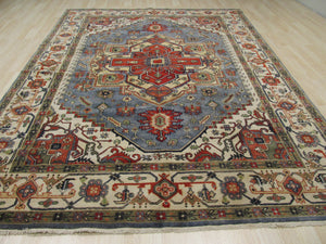 EORC Hand-knotted Wool Blue Traditional Geometric Serapi Rug