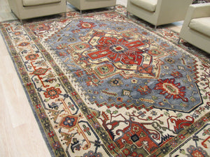 EORC Hand-knotted Wool Blue Traditional Geometric Serapi Rug