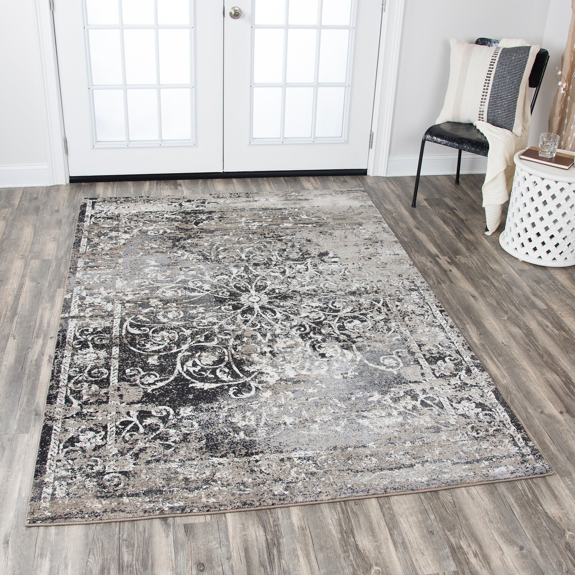 Rizzy Home Panache PN6981 Taupe Central Medallion Scroll Work Distress Area Rug